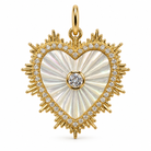 Fluted Mother of Pearl Diamond Sunburst Heart Pendant in 14k yellow gold with natural diamonds, Izakov Fine Jewelry
