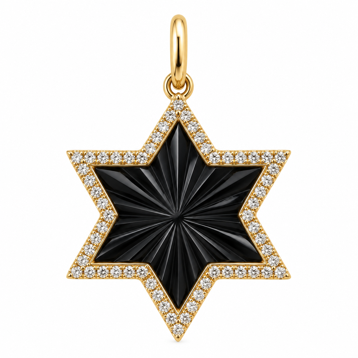 Fluted onyx Star of David diamond pendant in 14k yellow gold