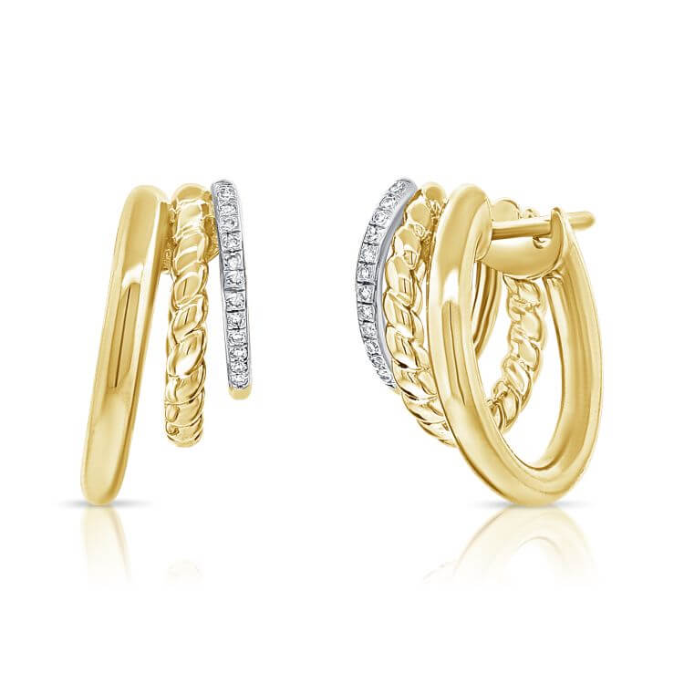 Graduated Triple Hoop Diamond Earrings in 14k gold showcasing elegant layered design and sparkling diamonds.