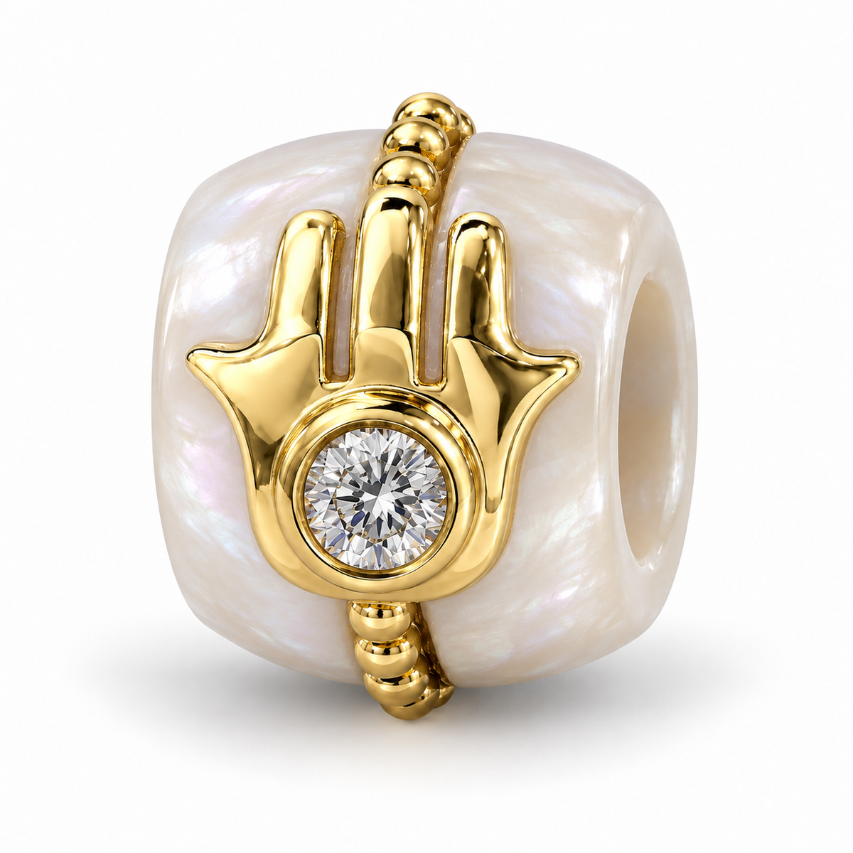 Hamsa Gemstone Diamond Rondelle in mother of pearl and 14k yellow gold, Izakov Fine Jewelry