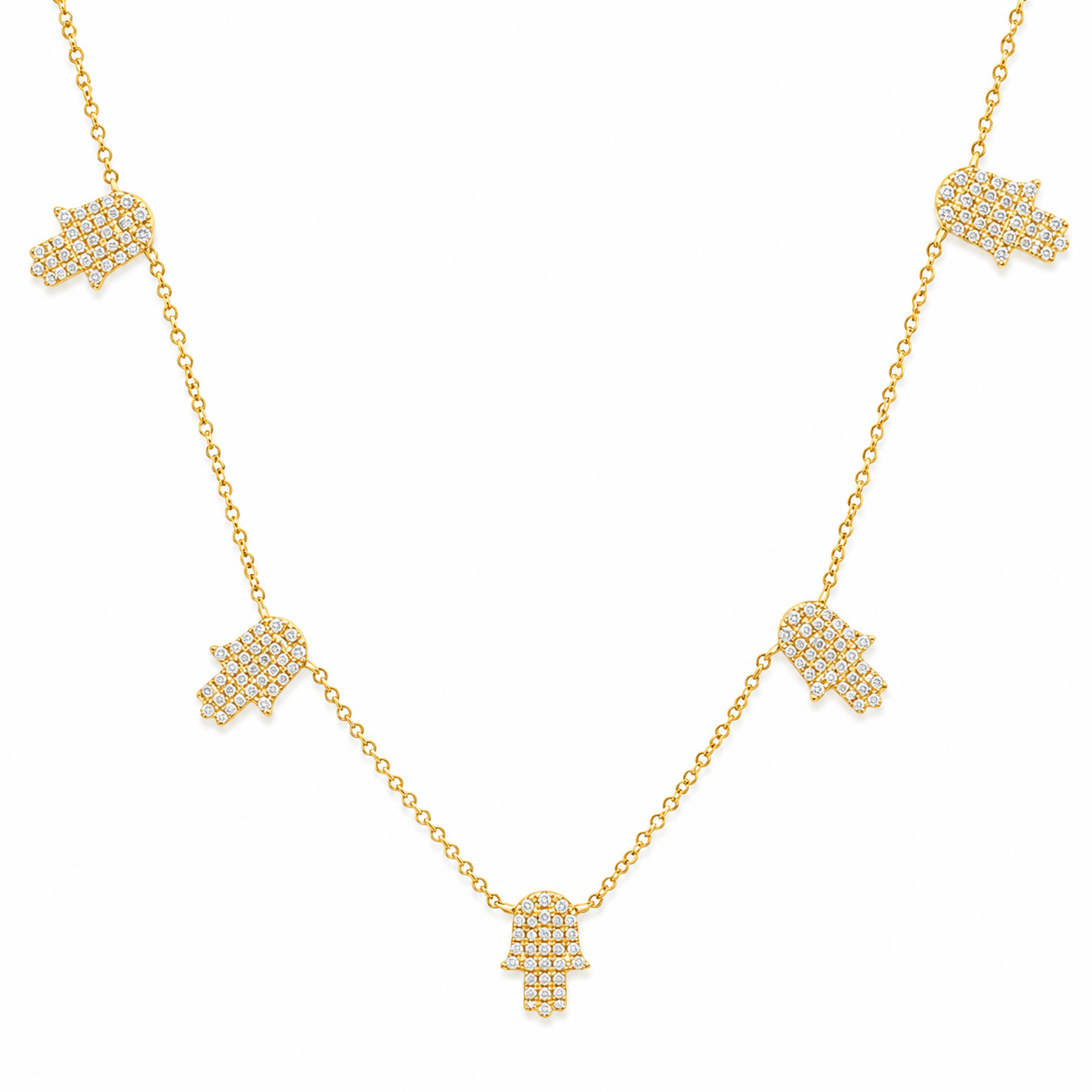 Hamsa Hamsa Micro Pave Diamond Station Necklace featuring five diamond-studded hamsas in 14K gold.