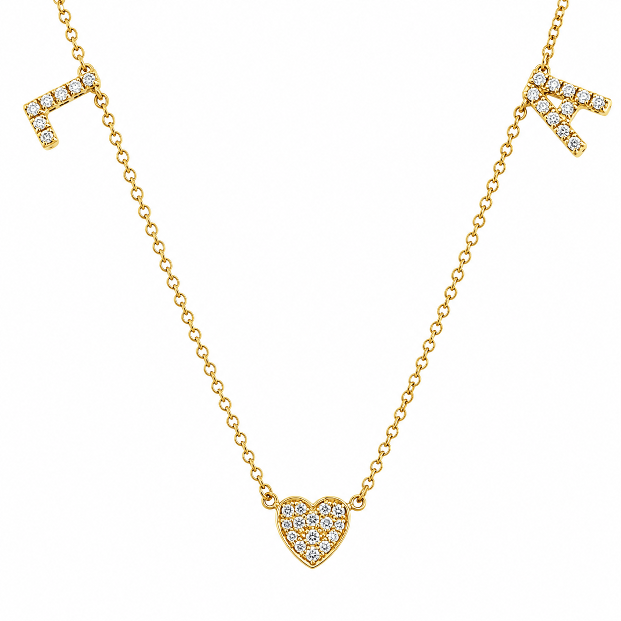 Gold necklace with a heart-shaped pendant on a white background