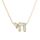 Hebrew Chai Baguette Diamond Necklace in 14K gold with baguette diamonds on a delicate chain
