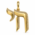 Hebrew Chai Diamond Pendant in 14k yellow gold, angled view of the pavé diamond edge