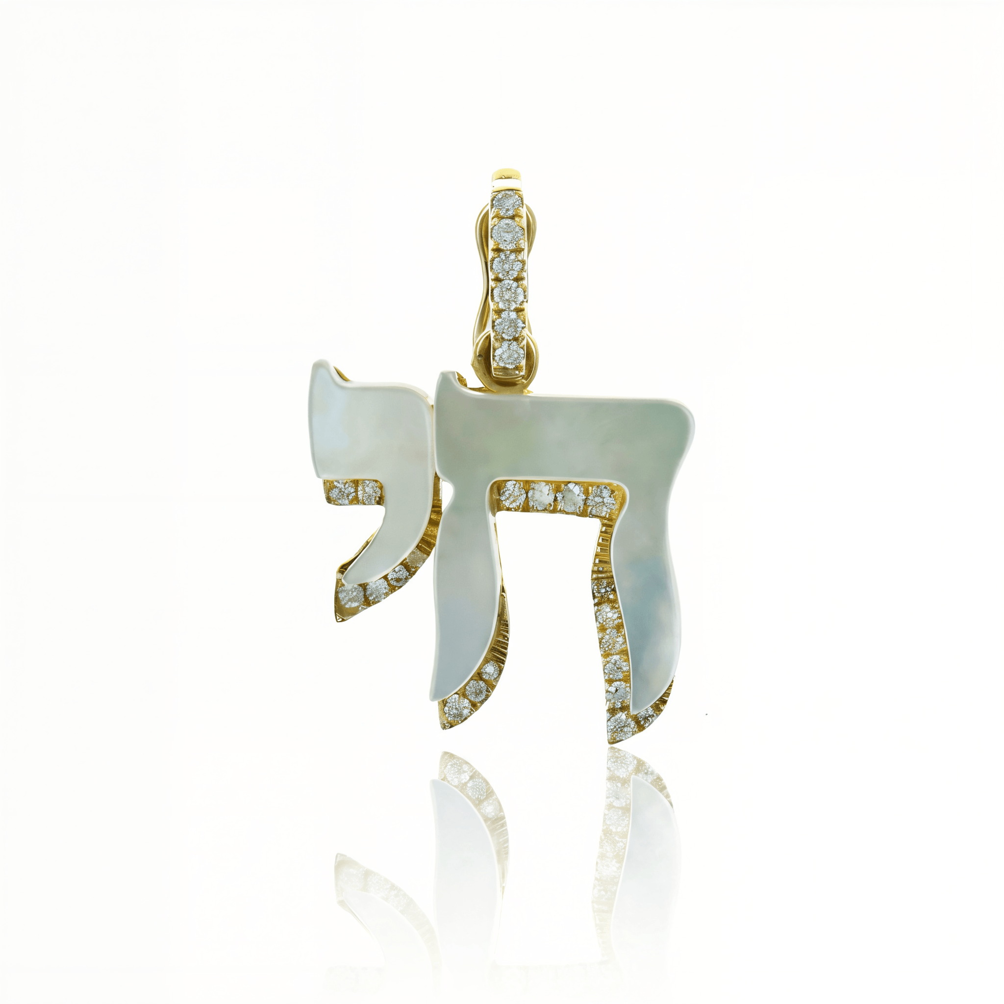Hebrew Chai Gemstone Diamond Shadow Pendant in 14k gold with mother of pearl and diamonds, elegant jewelry piece.