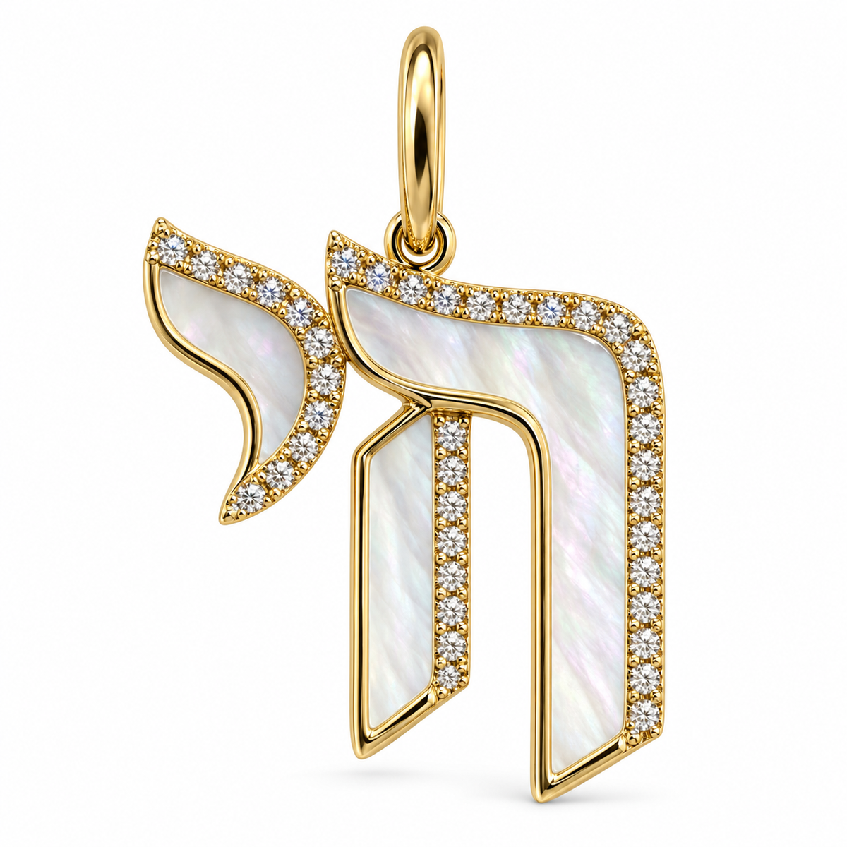 Hebrew Chai Gemstone Diamond Pendant in mother of pearl and 14k yellow gold with natural diamonds, Izakov Fine Jewelry