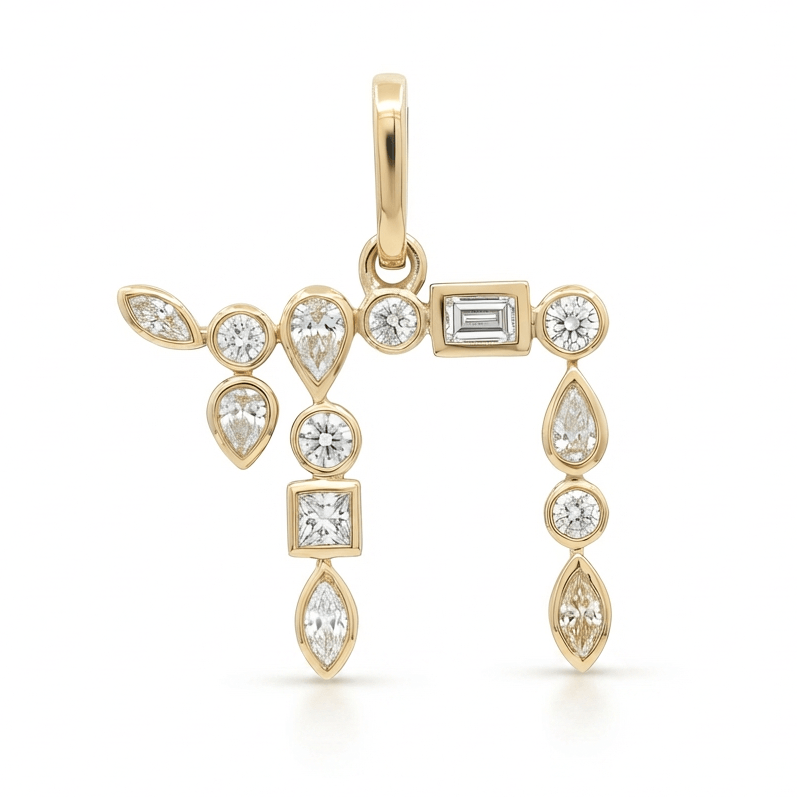 Hebrew Chai Multi Shape Diamond Pendant in 14k gold with various diamond cuts and sparkling design.