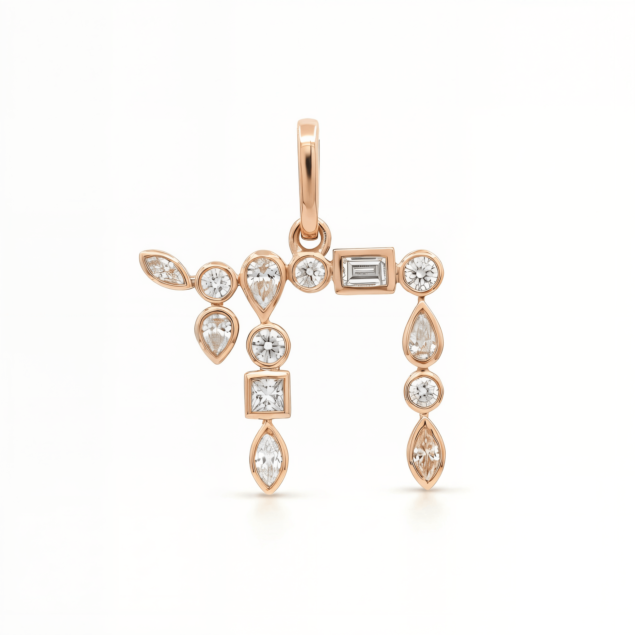 Hebrew Chai Multi Shape Diamond Pendant in rose gold with various diamond cuts and sizes.