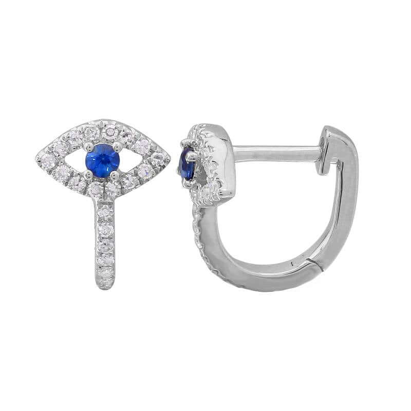 14K Gold Evil Eye Pave Diamond Huggies featuring blue sapphire and diamond details in a stylish, everyday design.