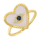 Radiating Gemstone Heart Evil Eye Diamond Ring featuring a heart-shaped mother of pearl and diamond halo in 14K gold.