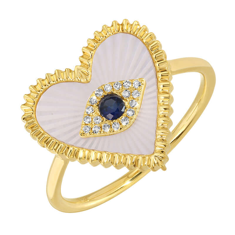 Radiating Gemstone Heart Evil Eye Diamond Ring featuring a heart-shaped mother of pearl and diamond halo in 14K gold.