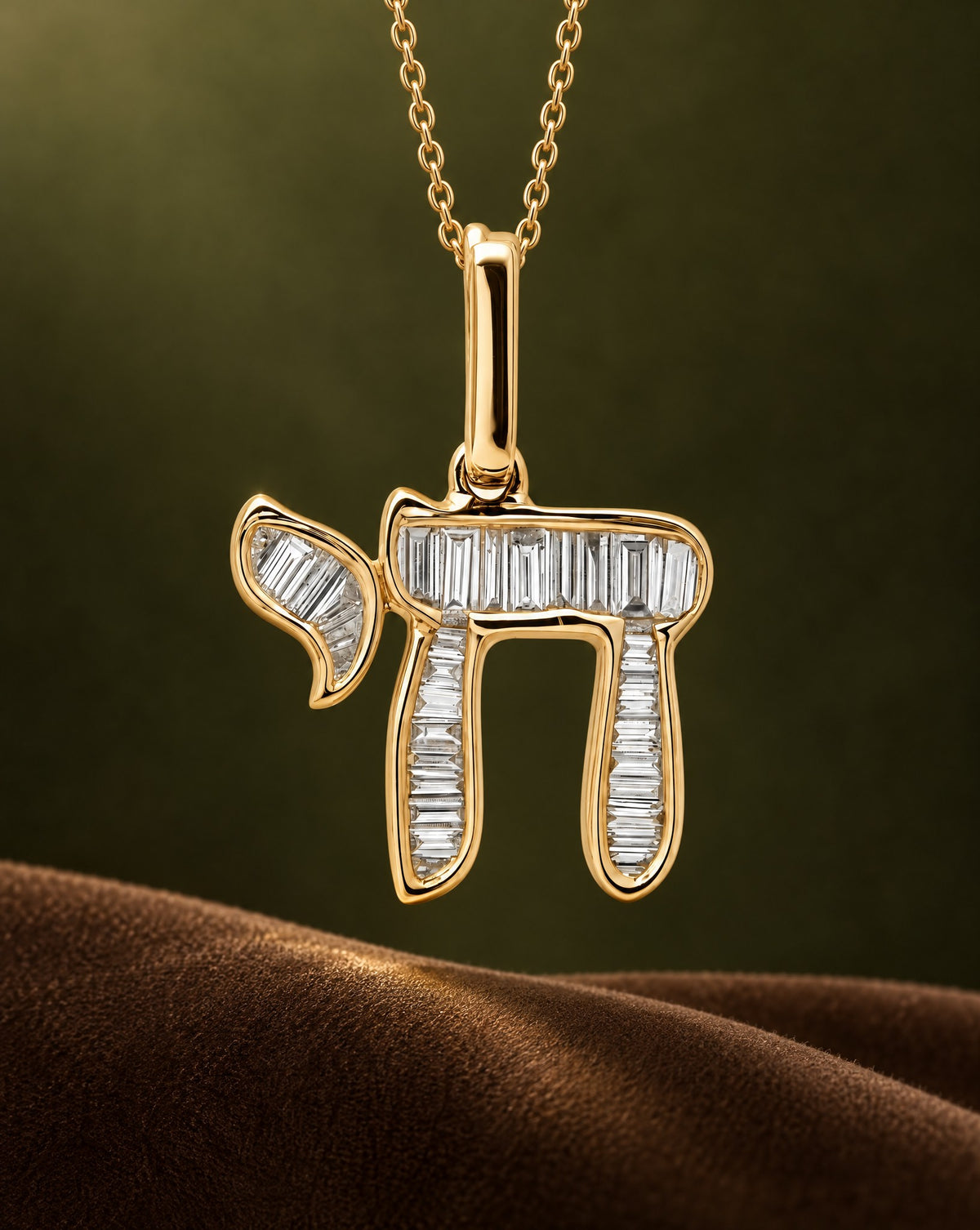Hebrew Chai Baguette Diamond Necklace Charm in 14K gold on a gold chain, Izakov Fine Jewelry