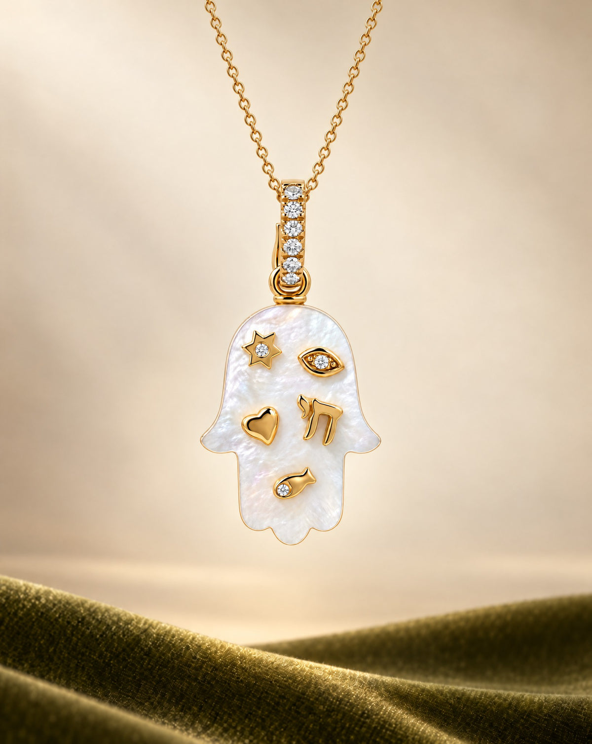 Jewish Charms Hamsa Gemstone Pendant in 14K gold with mother of pearl on a gold chain, Izakov Fine Jewelry