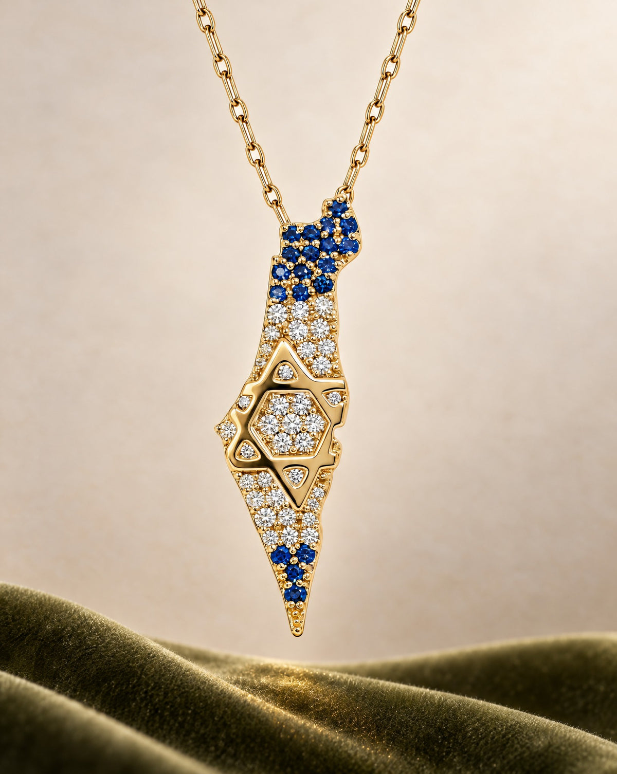Land of Israel Map Diamond and Sapphire Pendant in 14K gold on a gold chain, Izakov Fine Jewelry