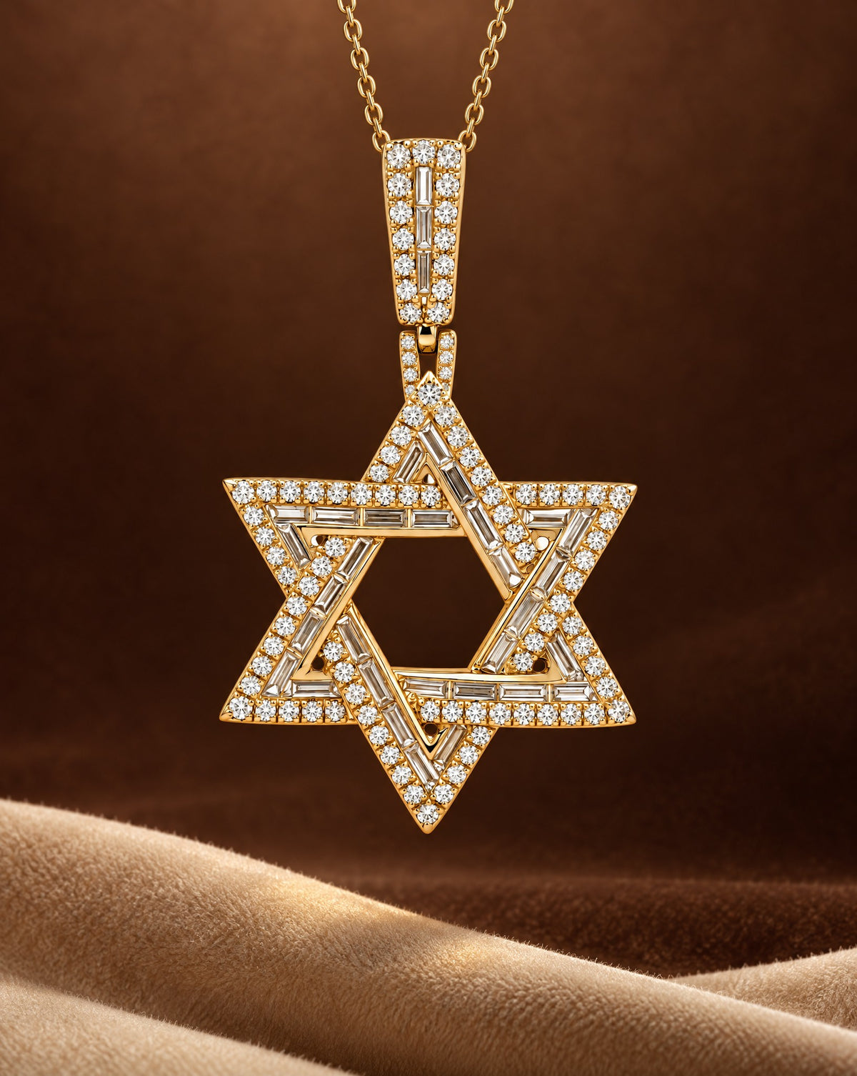 Baguette and Round Diamond Star of David Pendant in 14K gold on a gold chain, Izakov Fine Jewelry