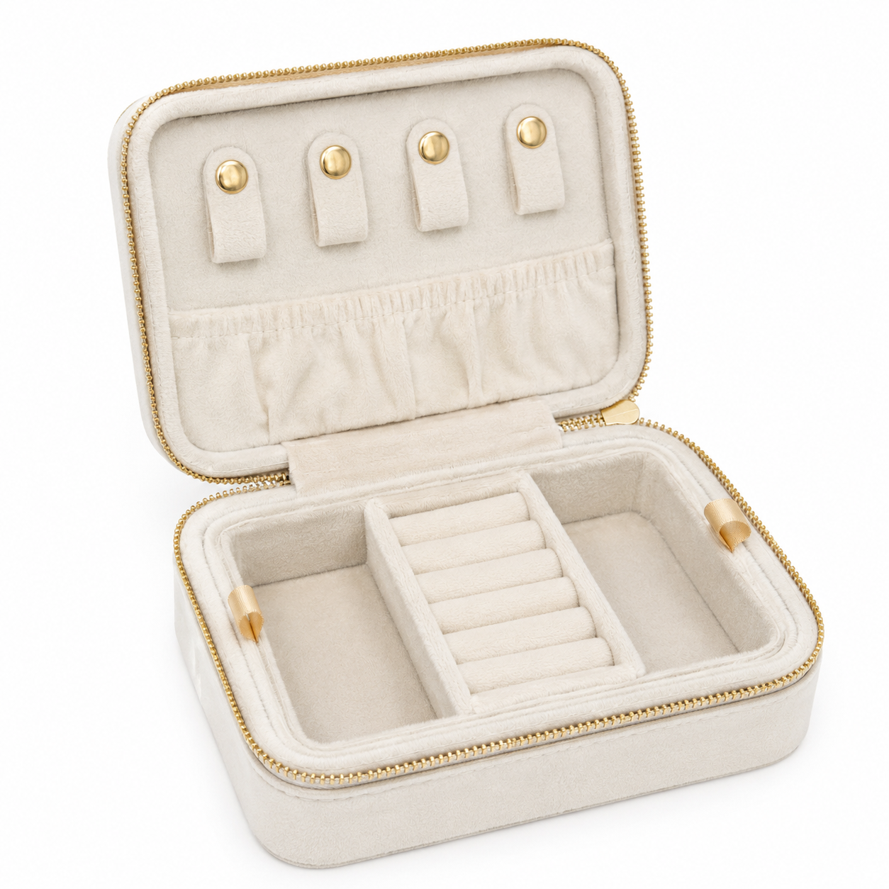 An open rectangular jewelry organizer case with a cream velvet interior, gold-tone zipper, snap closures on the inside lid, and ring rolls in the base, shown on a white background.