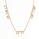 Personalized Multiple Hebrew Diamond Nameplate Necklace in 14K gold with sparkling diamonds and customizable names.