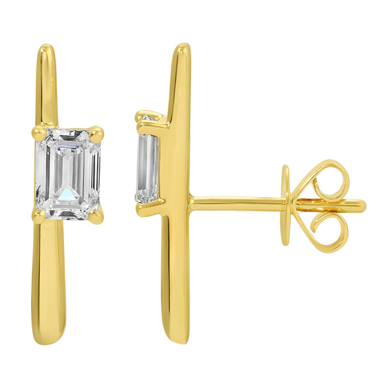 Lab Diamond Bar Stud Earrings in 14k gold with emerald cut lab-grown diamonds, by izakov fine jewelry, miami.