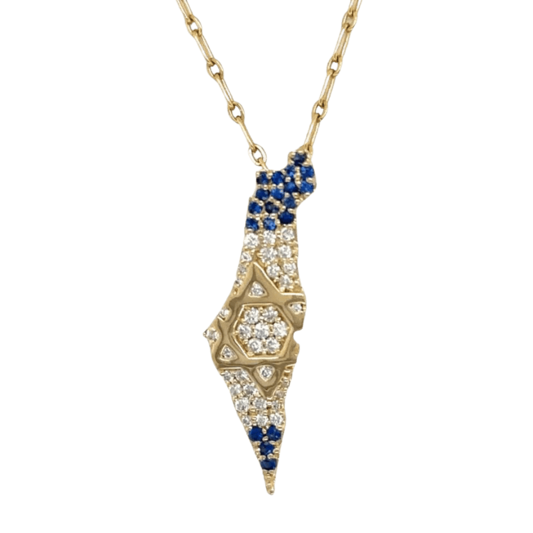 land of israel with diamonds and sapphires on a gold chain