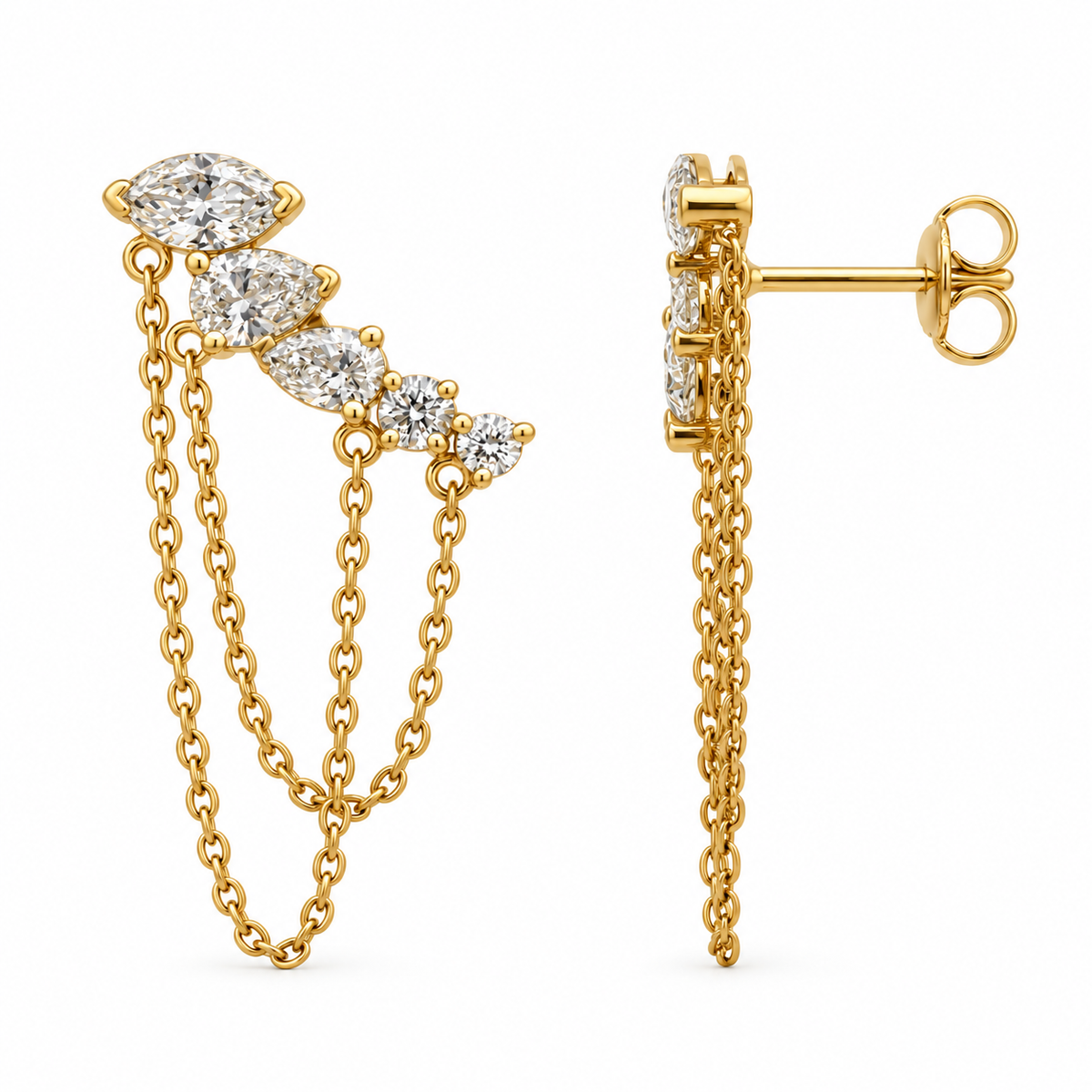 Marquise, Pear and Round Diamond Draped Chain Climber Earrings in 14K Gold, front and side view