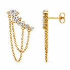 Marquise, Pear and Round Diamond Draped Chain Climber Earrings in 14K Gold, front and side view