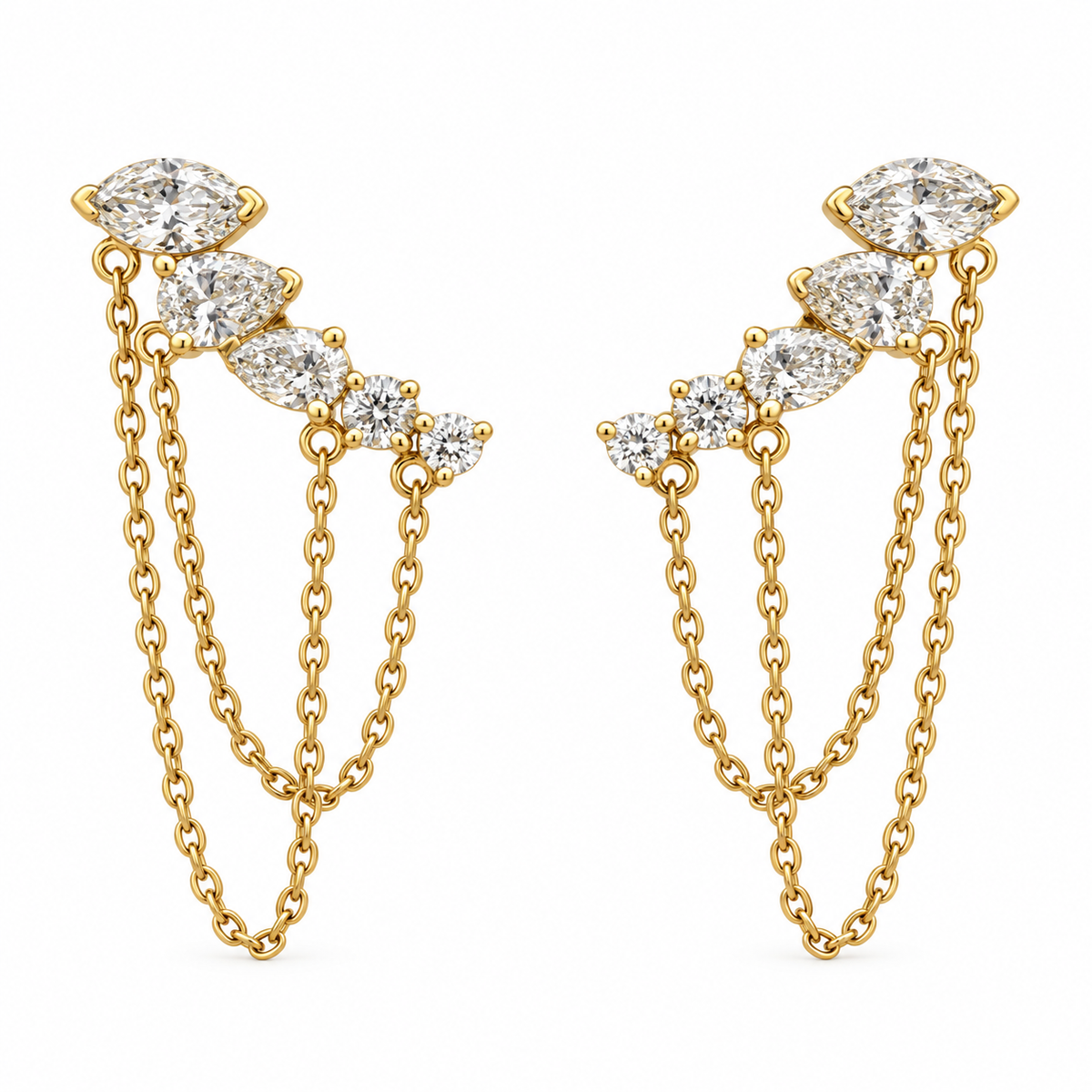 Marquise, Pear and Round Diamond Draped Chain Climber Earrings in 14K Gold