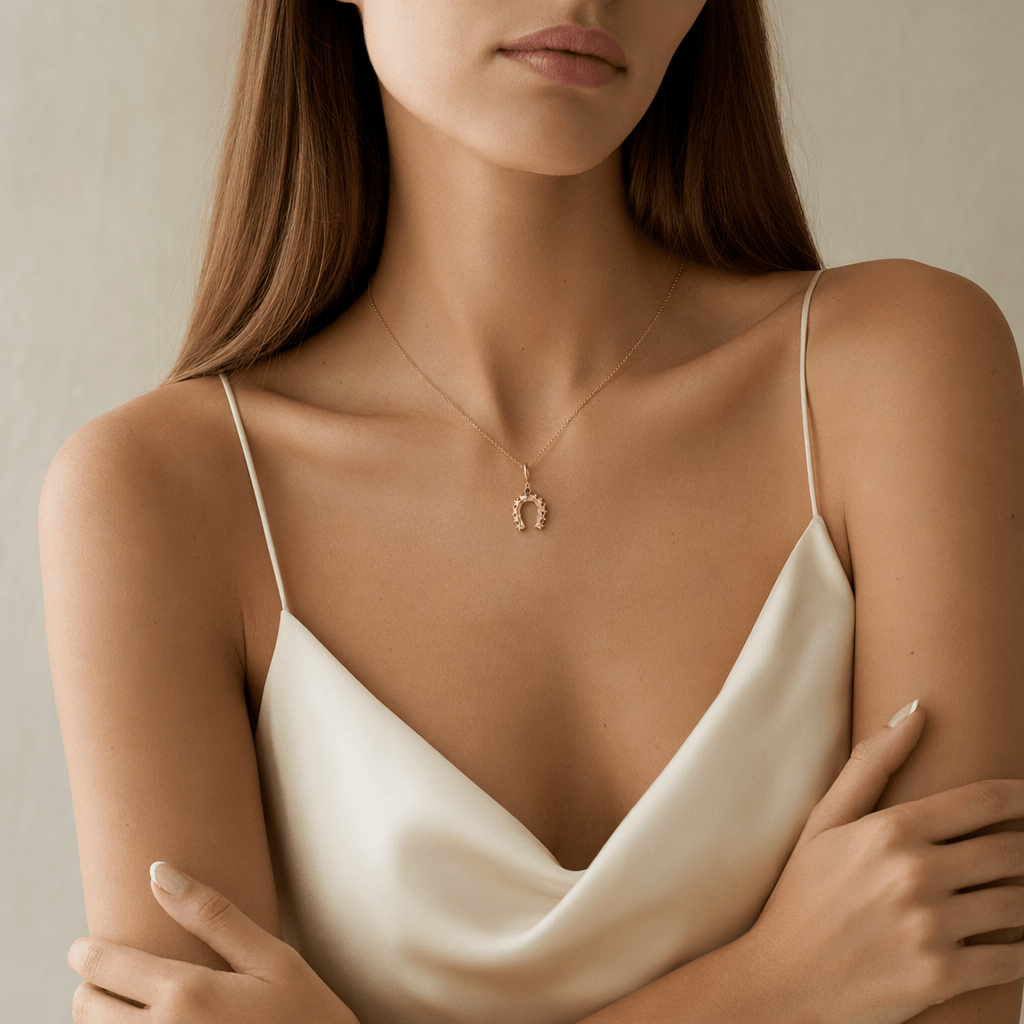 Multi-Gemstone Horseshoe Pendant worn by a model with long hair, showcasing its elegant design against a neutral background.