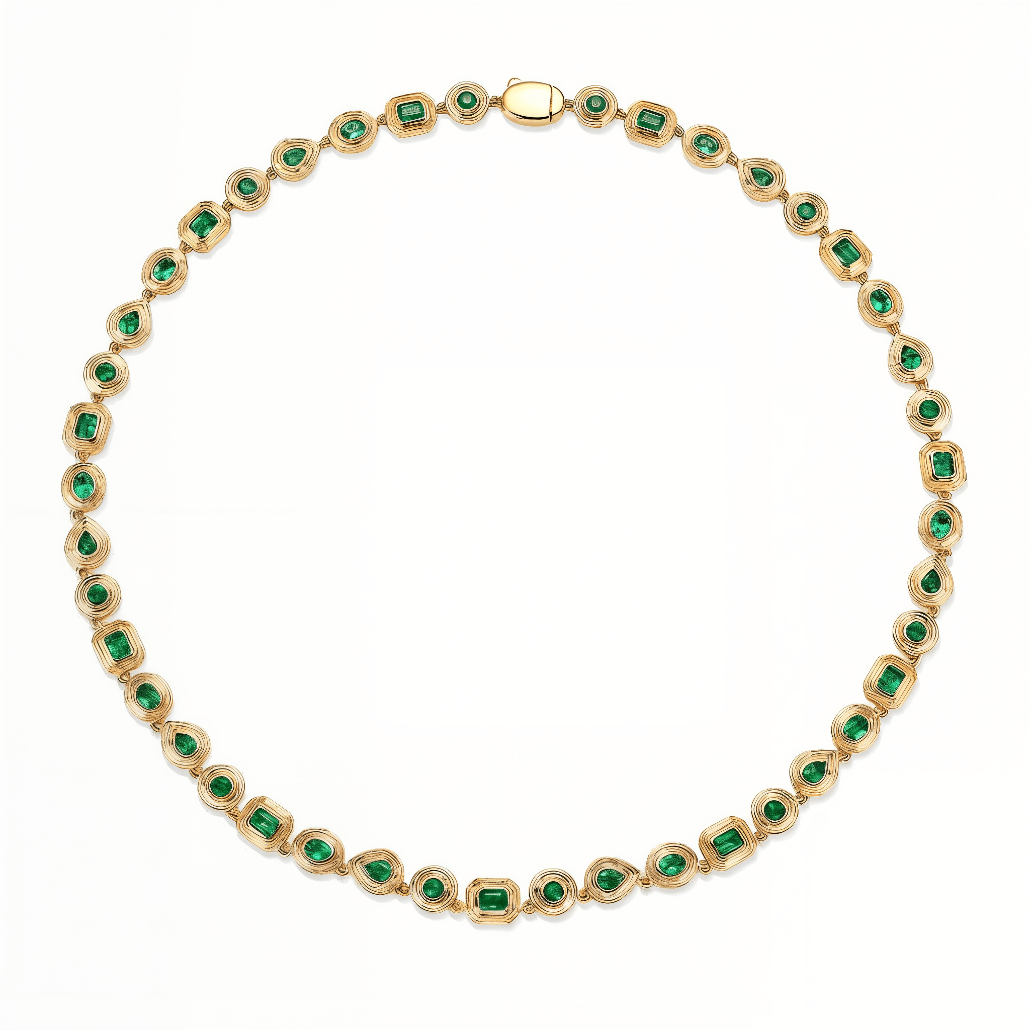 Multi-Shape Emerald Ripple Bezel Tennis Necklace featuring emeralds set in 14k yellow gold.