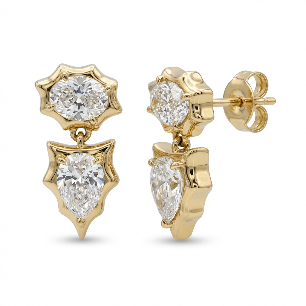 Oval and Pear Lab Diamond Star-Set Drop Earrings in 14k yellow gold with intricate diamond settings.