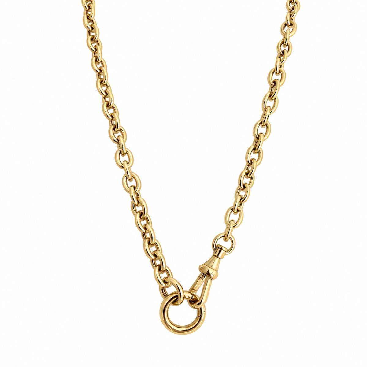 Oval rolo link gold chain necklace with the swivel clasp and connector ring worn at the front