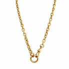 Oval rolo link gold chain necklace with the swivel clasp and connector ring worn at the front