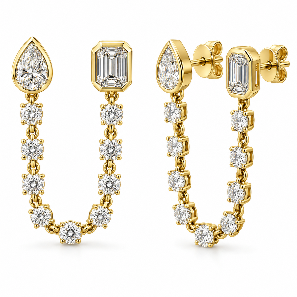 Pear and Emerald Cut Diamond Double Stud Chain Earring in 14K Gold