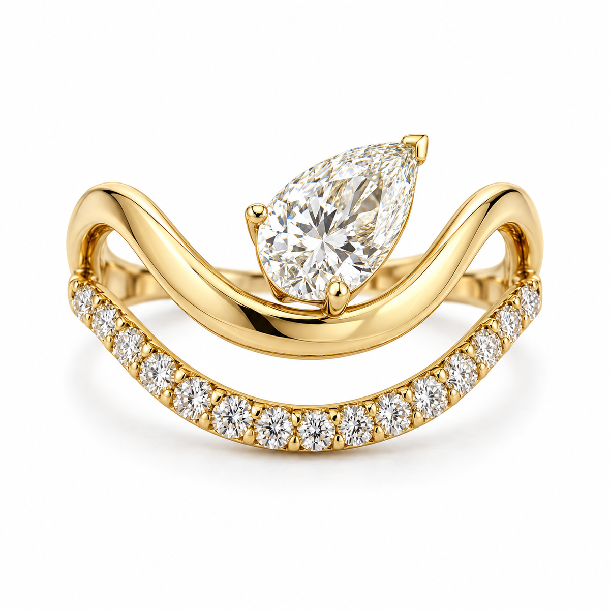 Pear Diamond Double Wave Pinky Ring in 14K Gold