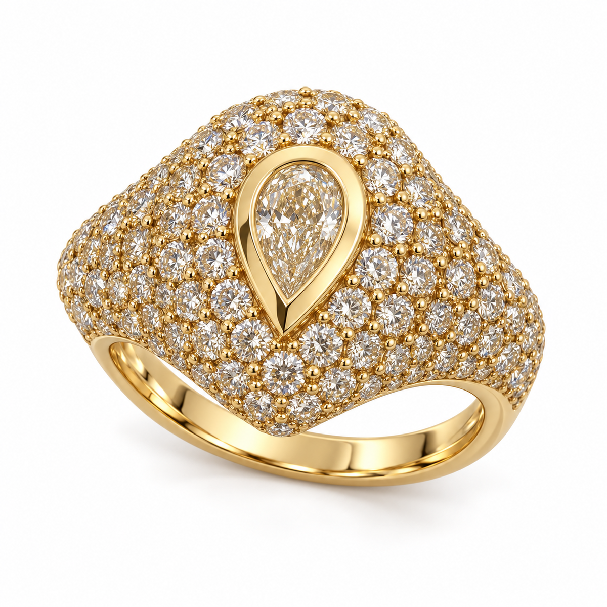 Pear Diamond Pavé Dome Signet Pinky Ring in 14K Gold