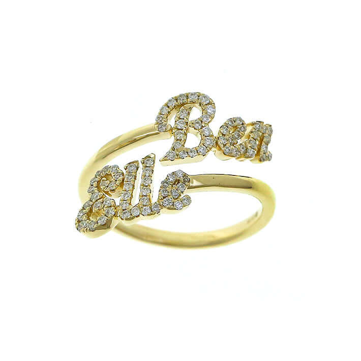 Personalized Script Duo Names Diamond Ring with pavé diamonds highlighting two names in gold.