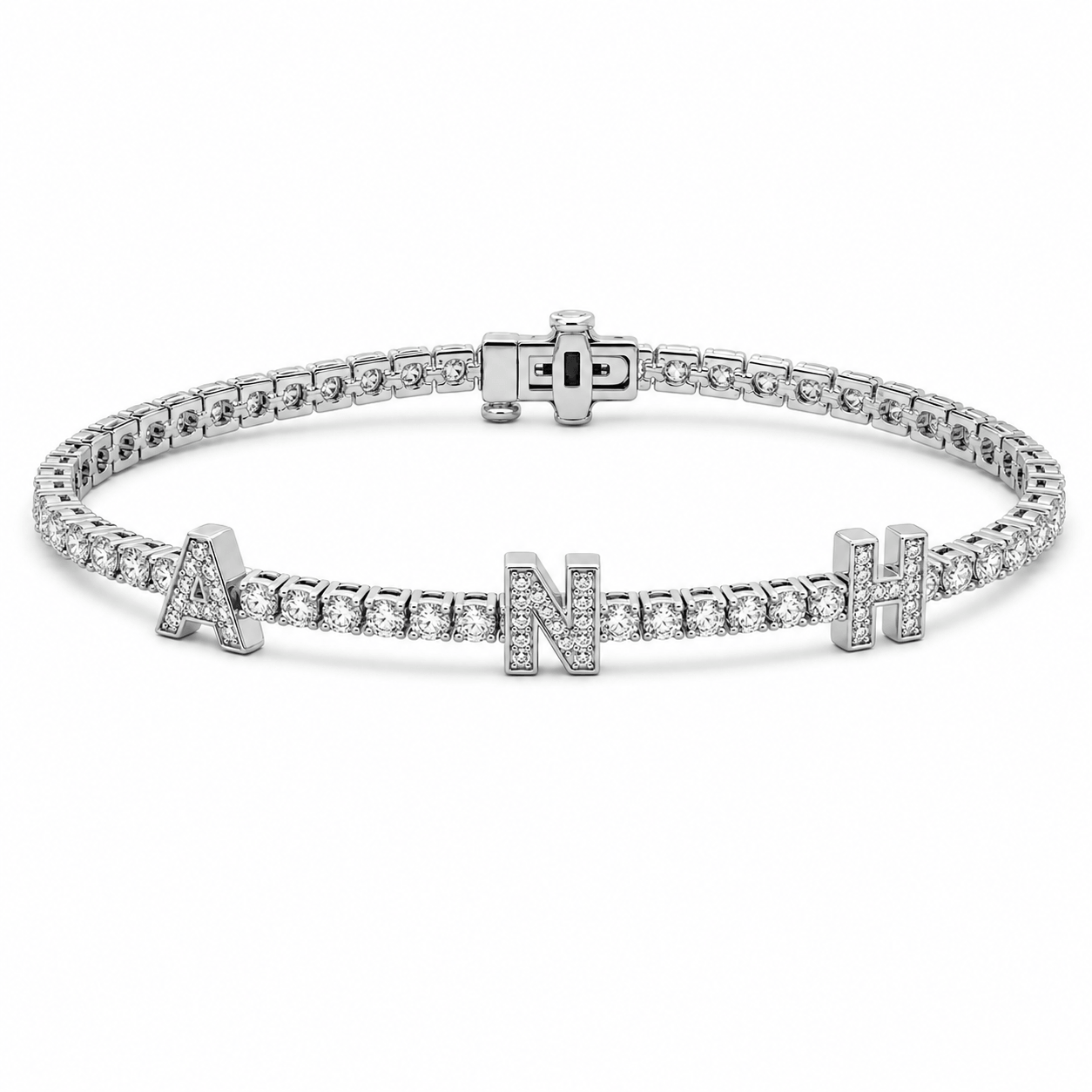 Personalized Name Lab Diamond Tennis Bracelet featuring letters A, N, and H with pavé-set diamonds in 14K gold.