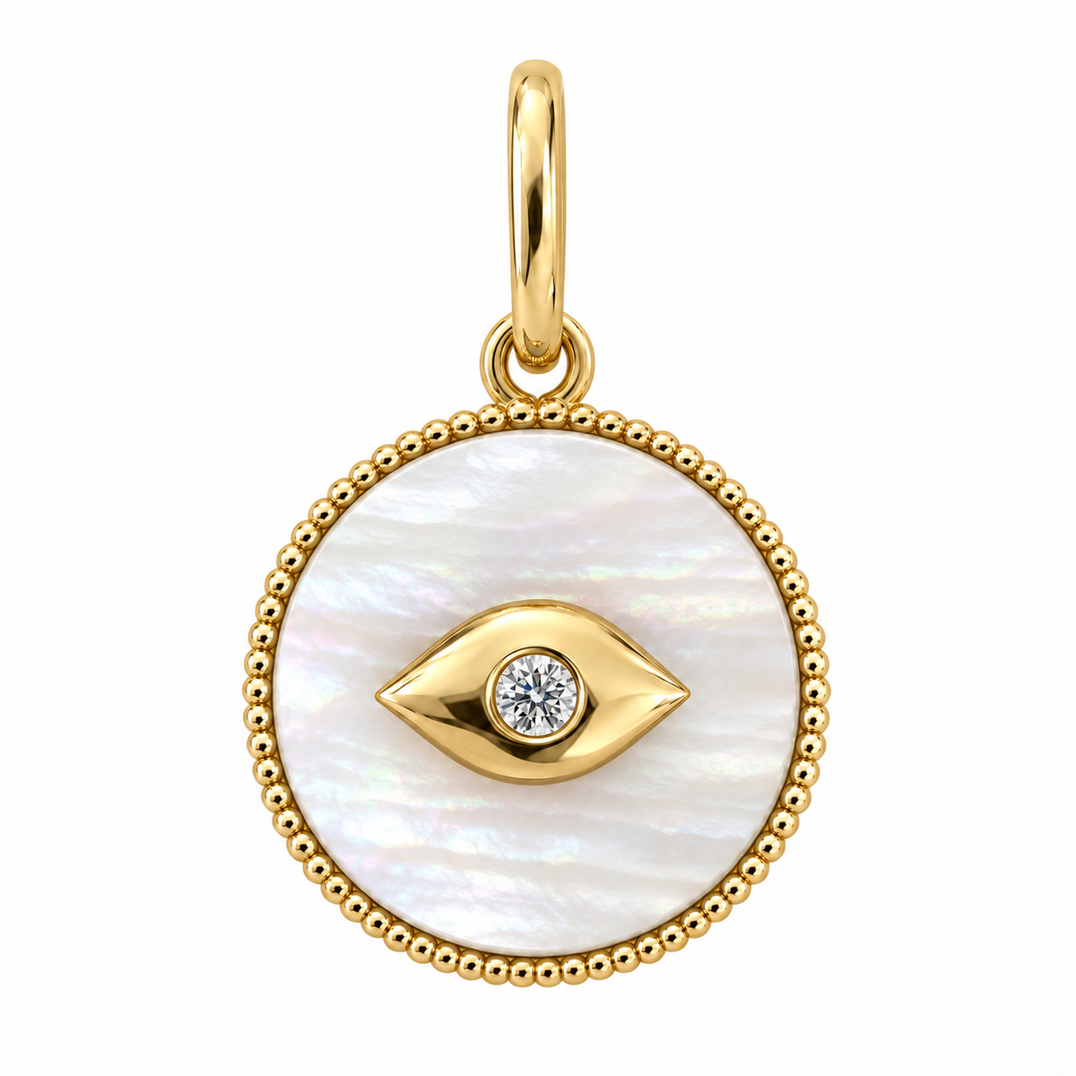 Petite evil eye mother of pearl diamond charm in 14k yellow gold