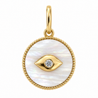 Petite evil eye mother of pearl diamond charm in 14k yellow gold