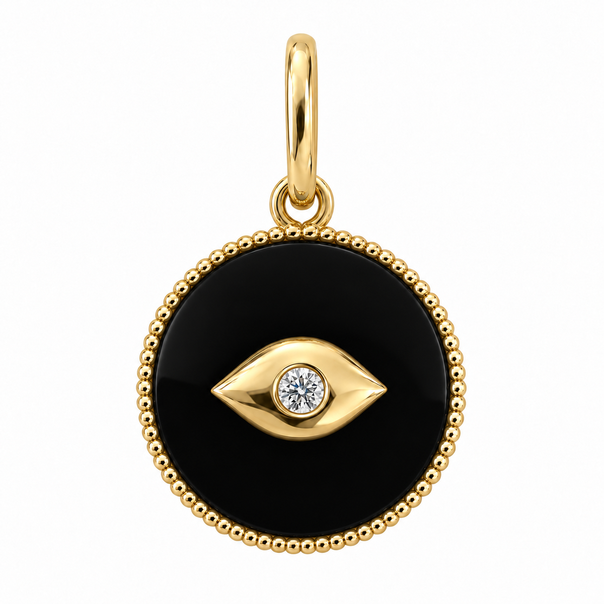 Petite evil eye onyx diamond charm in 14k yellow gold