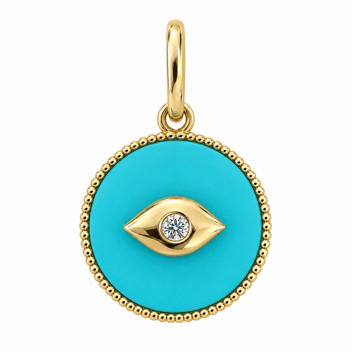 Petite evil eye turquoise diamond charm in 14k yellow gold