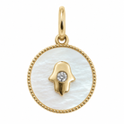 Petite Hamsa Gemstone Diamond Charm in mother of pearl and 14k yellow gold, Izakov Fine Jewelry