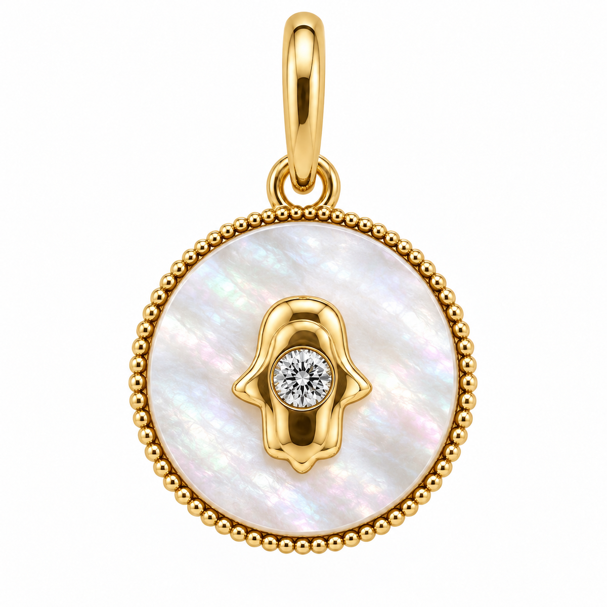 Petite Hamsa Gemstone Diamond Charm in mother of pearl and 14k yellow gold, Izakov Fine Jewelry