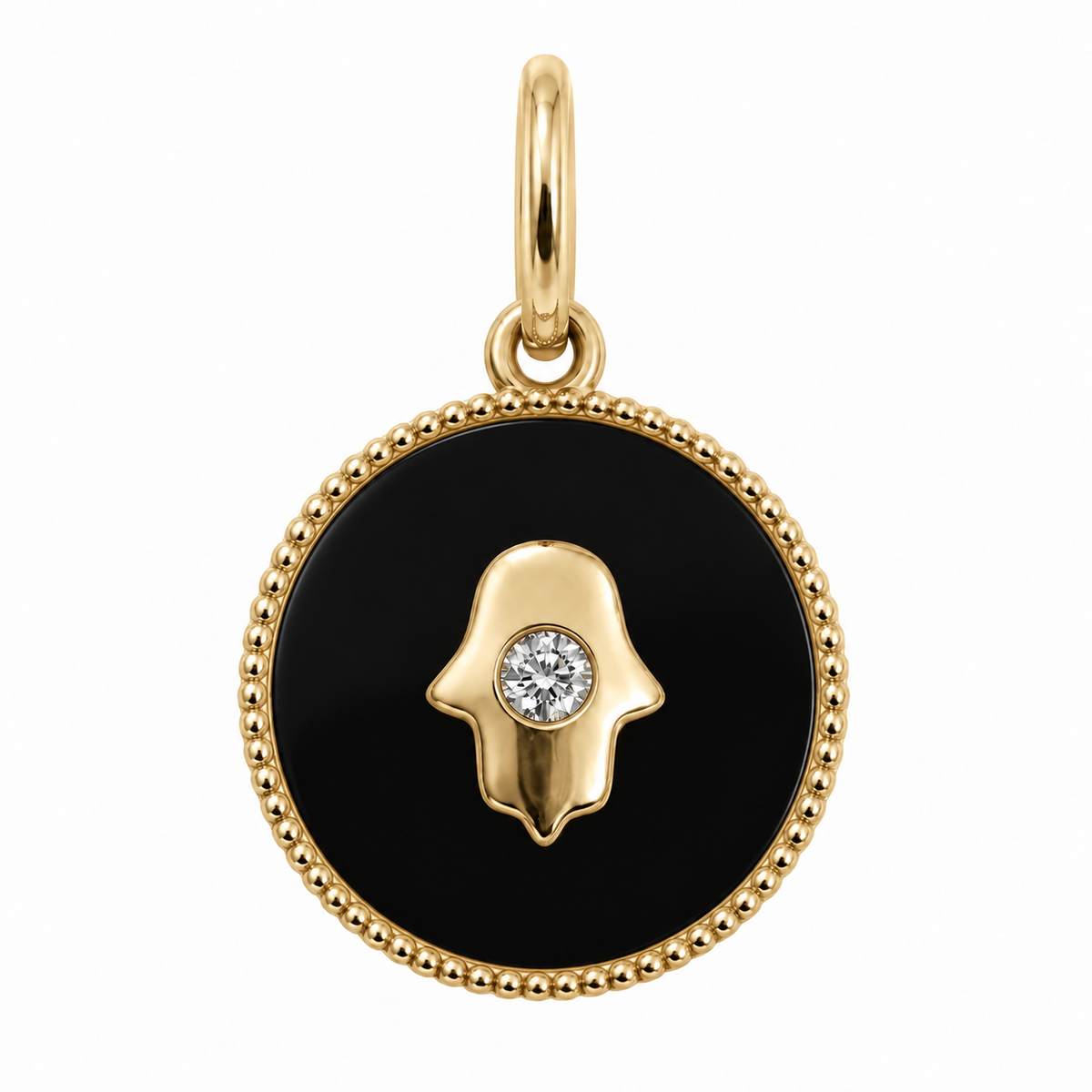 Petite Hamsa Gemstone Diamond Charm in onyx and 14k yellow gold