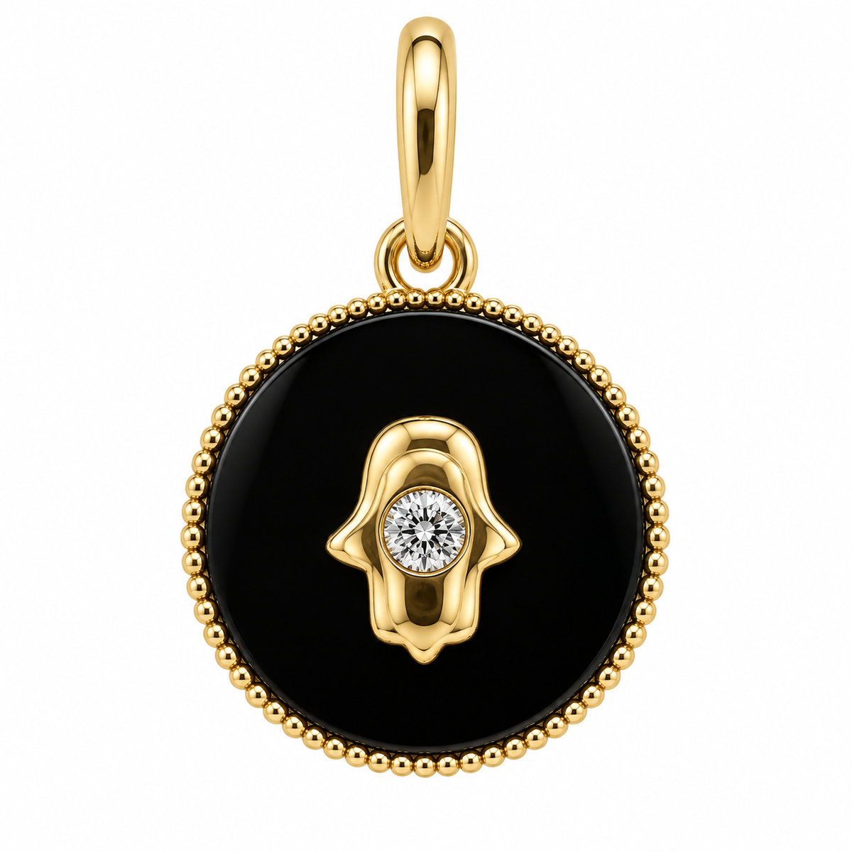 Petite Hamsa Gemstone Diamond Charm in onyx and 14k yellow gold