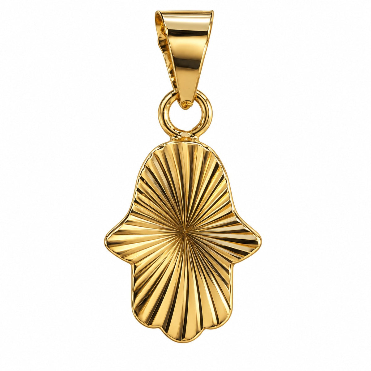 Petite reversible hamsa charm in 14k yellow gold, fluted gold side