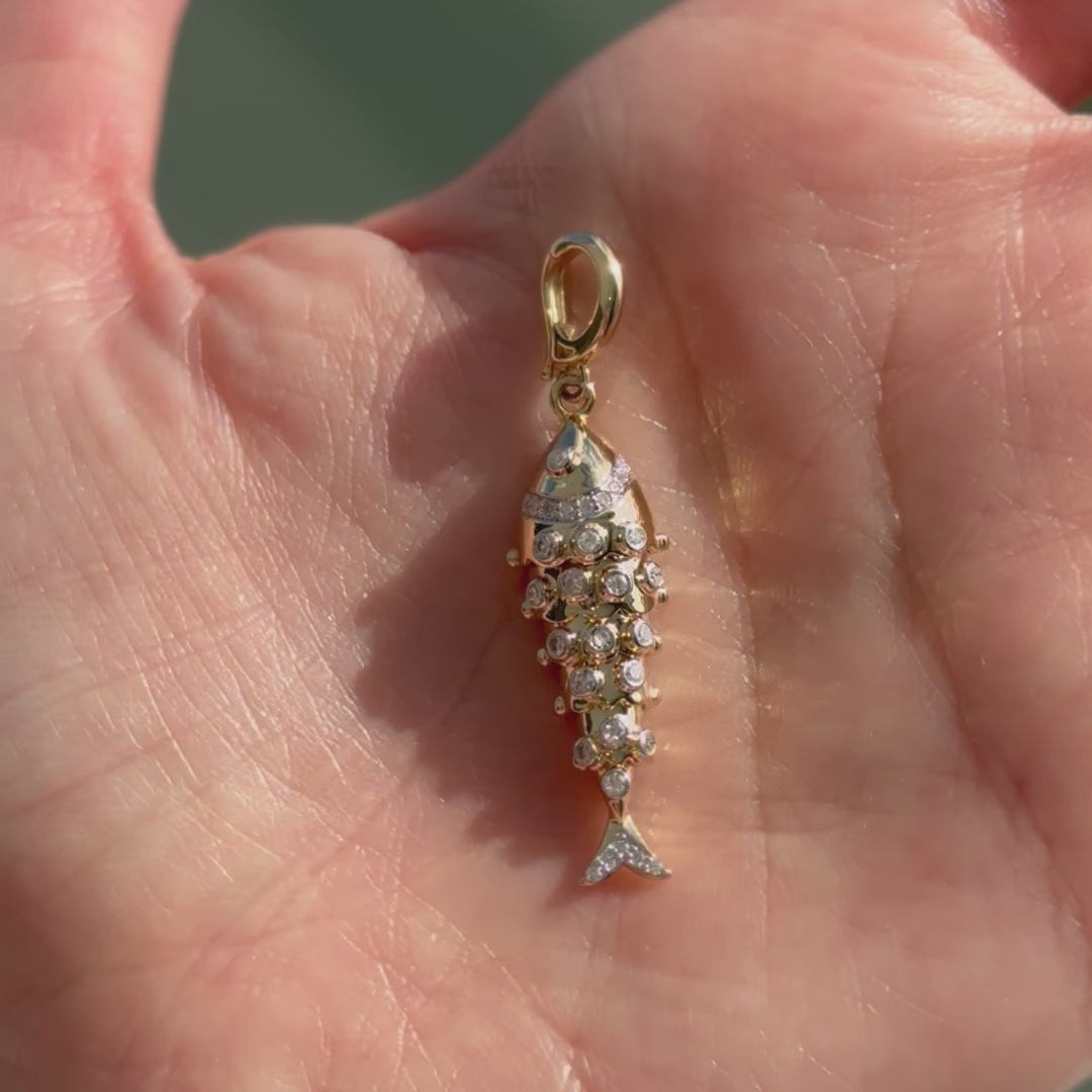 14K Gold Lucky Fish Diamond Necklace Pendant showcasing micro pave diamonds in a chic design.