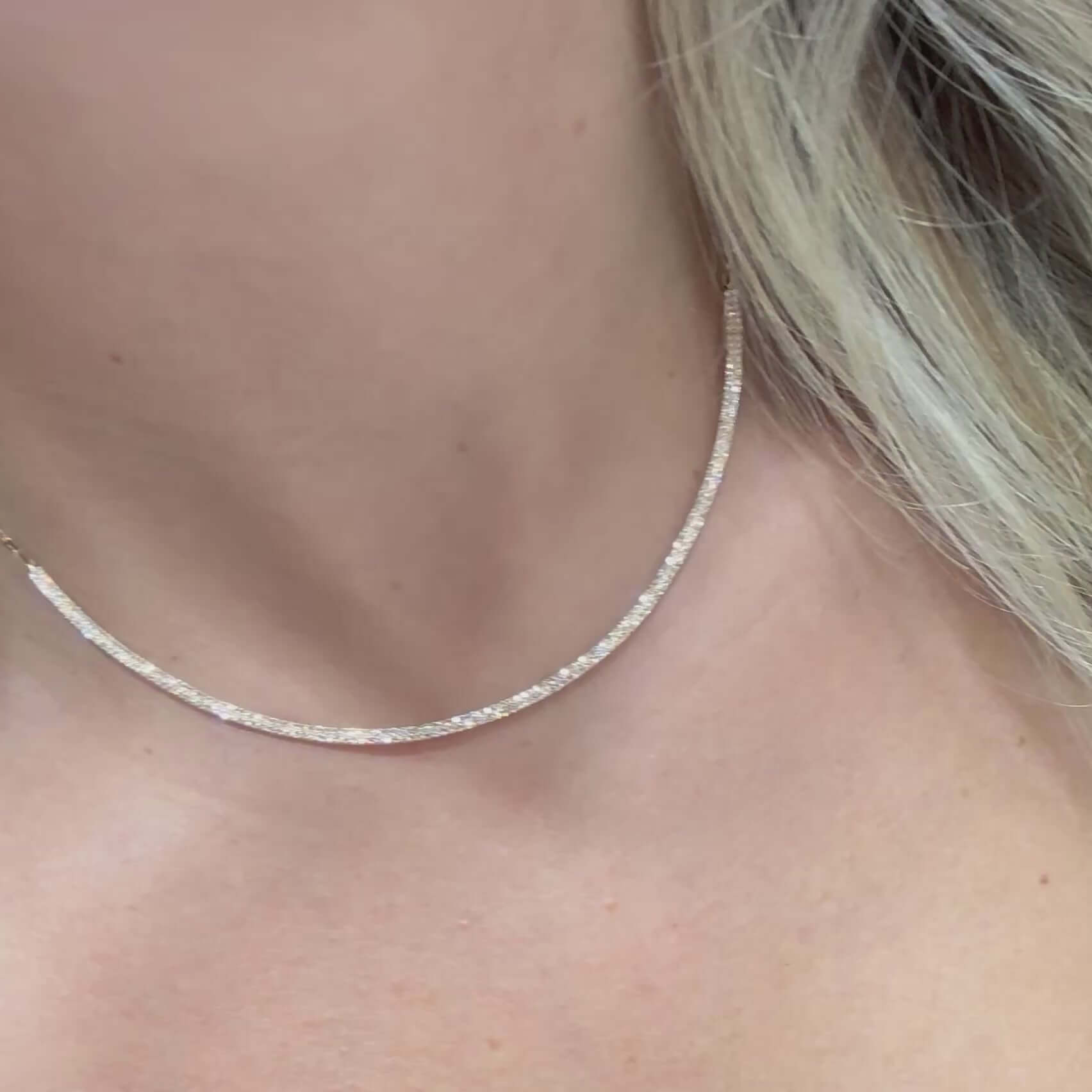 14K Gold Micro Pave Diamond Bar Cable Link Necklace elegantly displayed on a model's neck with a shimmering appearance.