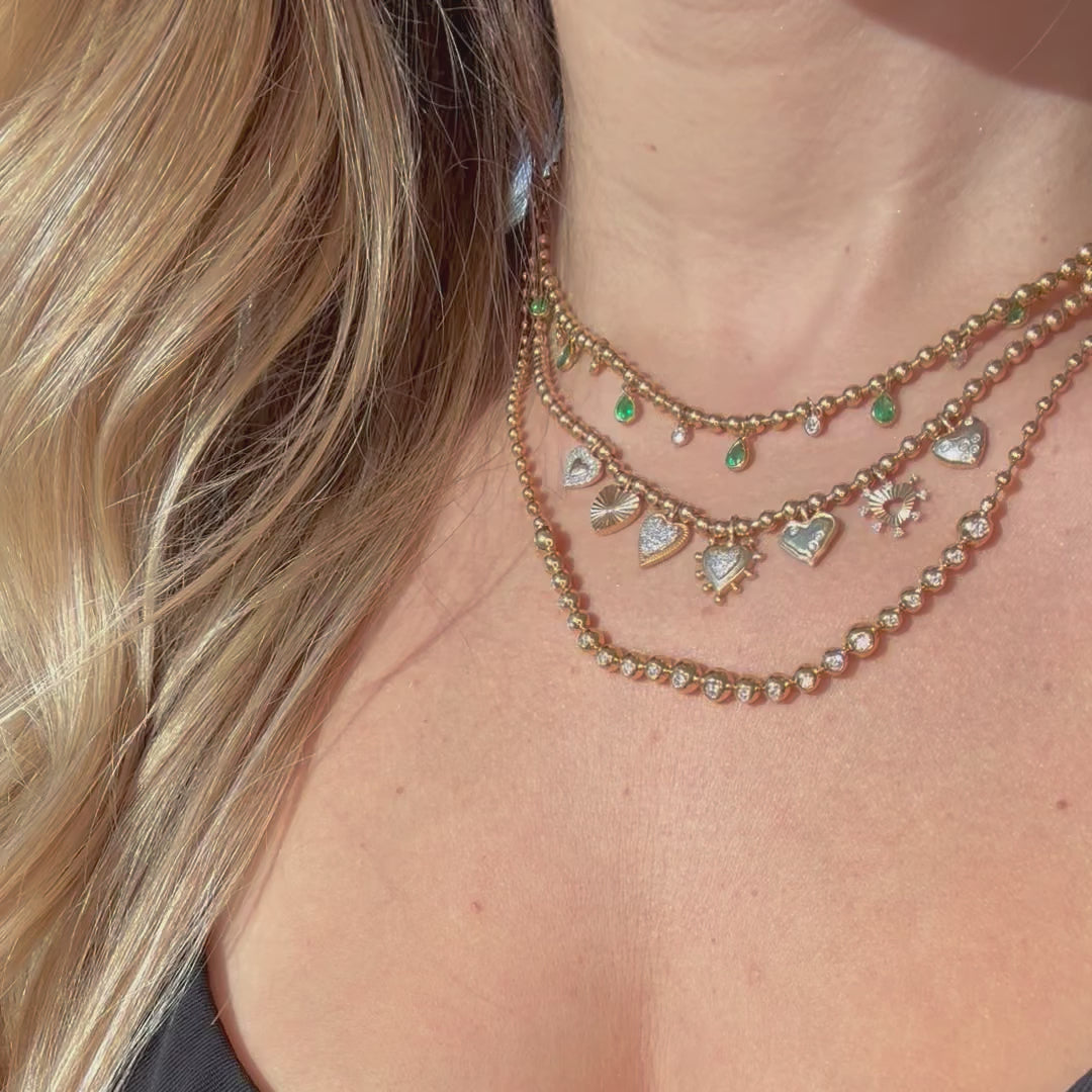 14K Gold Drop Pear Gemstone Bezel Ball Chain Diamond Necklace displayed elegantly on model's neck.