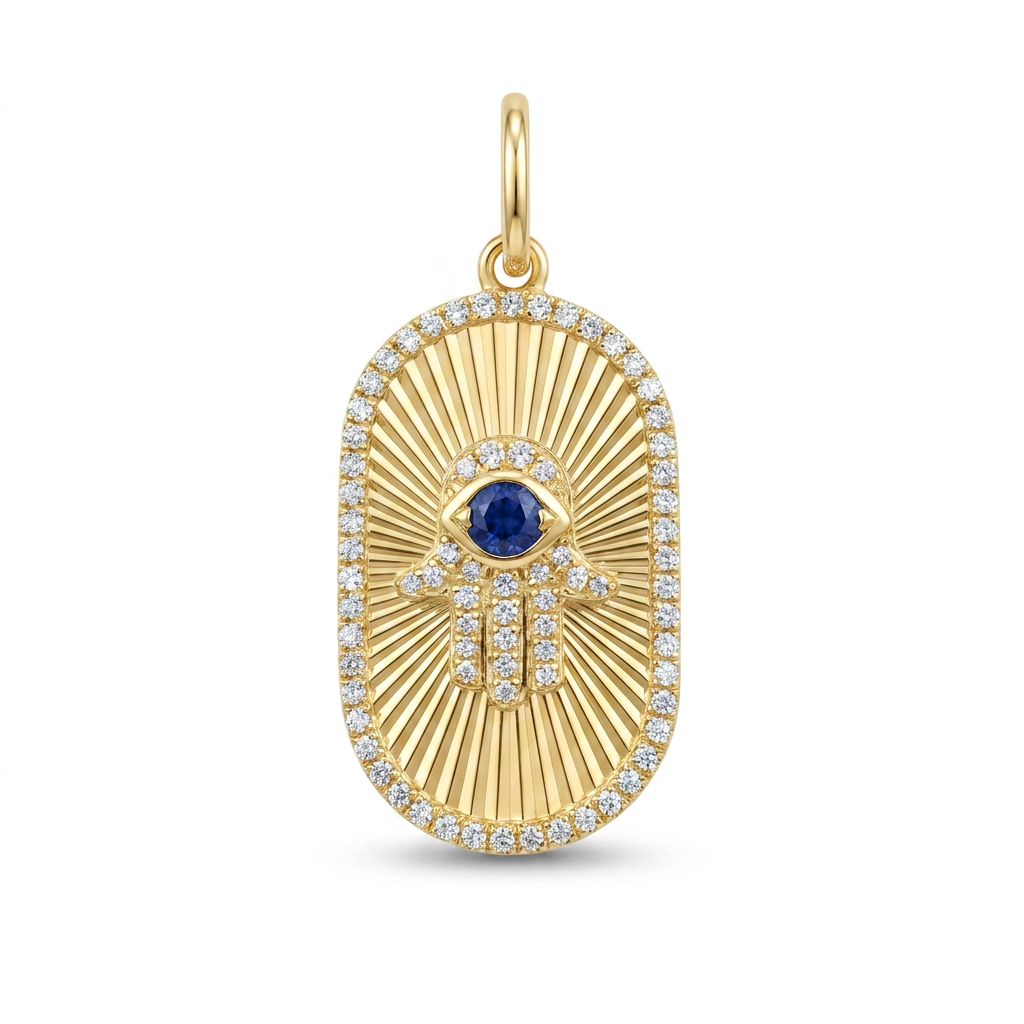 Oval gold hamsa charm with a sapphire in the center and pavé diamonds outlining the hamsa and the oval shape