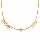 Personalized Two Name Hebrew Diamond Bezel Necklace in 14k yellow gold, two Hebrew names with a bezel set diamond between them